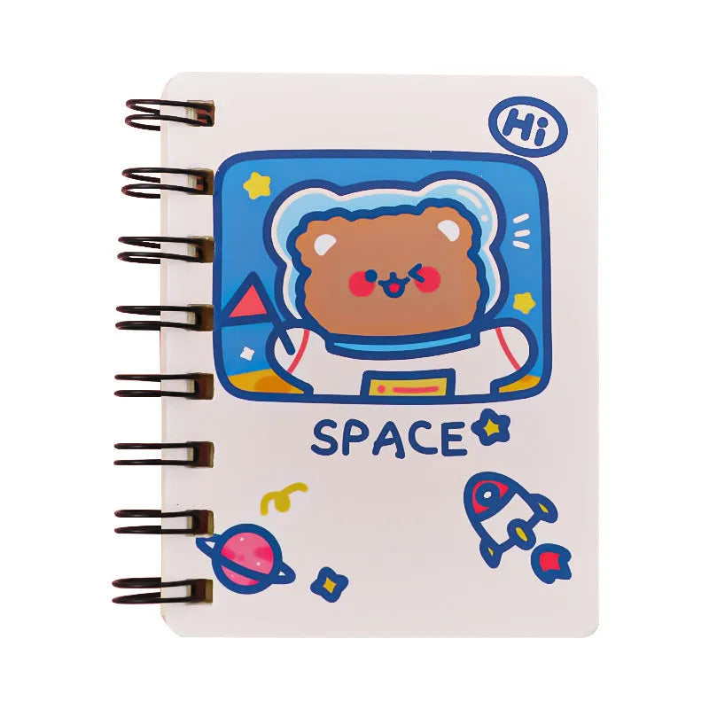 Astronaut series portable flipper notebook showing 10.5cm by 8cm size and optional cover designs.