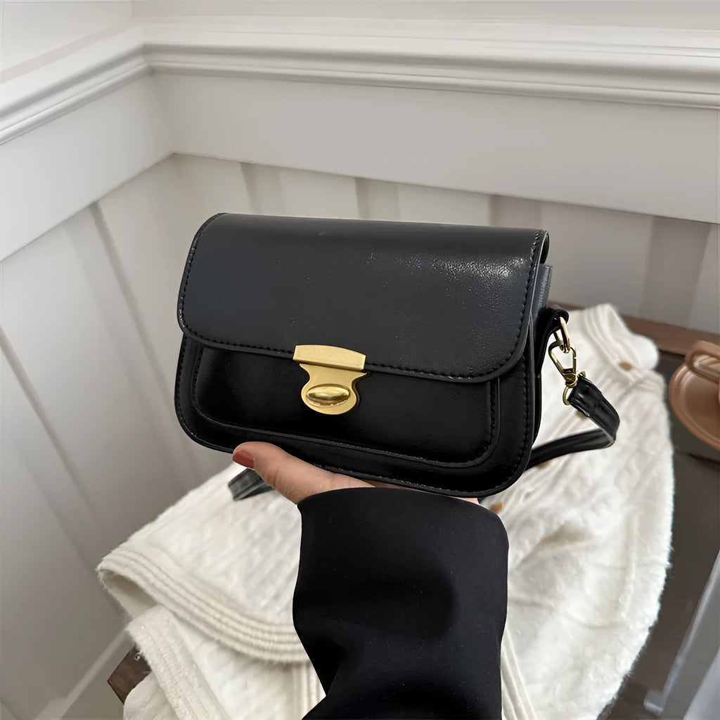 Small horizontal square handbag in soft PU leather, shown in black, brown, dark brown, and light brown.
