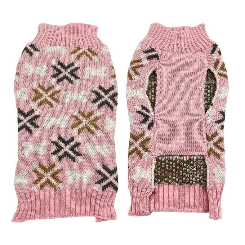 Japanese-style grey pet sweater with matching scarf hat on dog showing retro jacquard pattern