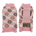 Japanese-style grey pet sweater with matching scarf hat on dog showing retro jacquard pattern