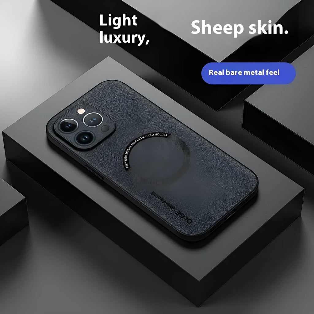 Magnetic Sheepskin All-inclusive Drop-resistant Business Phone Case Compatible with iPhone 12-16 Pro Max Series in Graphite Black Dark Night Green Sapphire Blue Golden Brown Galactic Gray