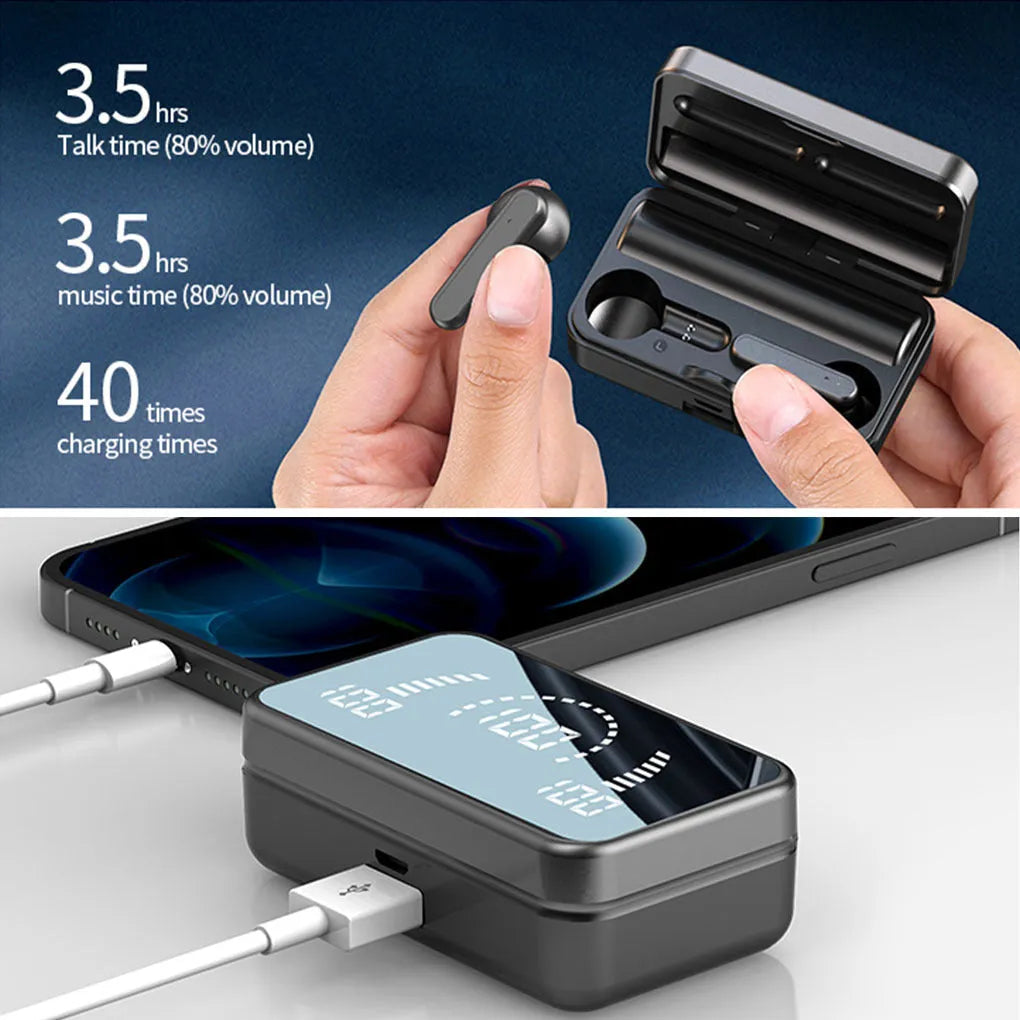 S20 black wireless Bluetooth earphones with LED display and in-ear fit