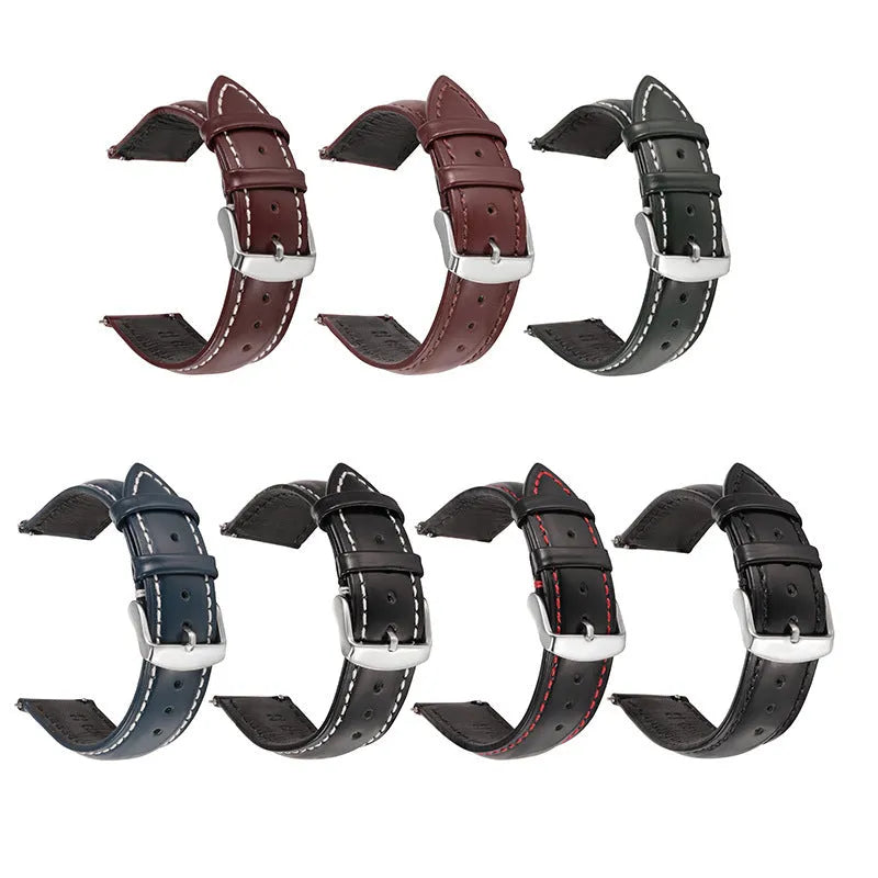 Quick release leather watch strap in bright cowhide, showing colour options and width sizes from 18mm to 22mm.