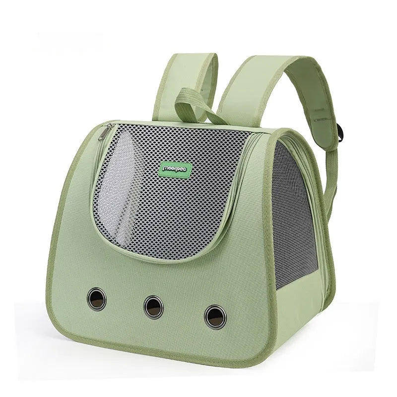 Light blue Oxford fabric cat backpack carrier with mesh panel, shown on a person's back.