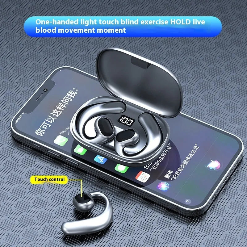Black ear-mounted Bluetooth headset with digital display screen showing battery level