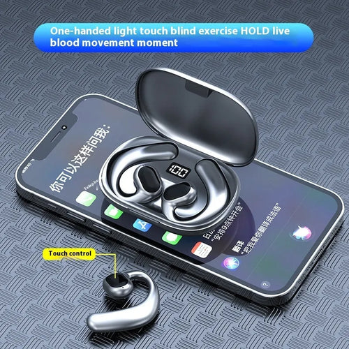 Black ear-mounted Bluetooth headset with digital display screen showing battery level