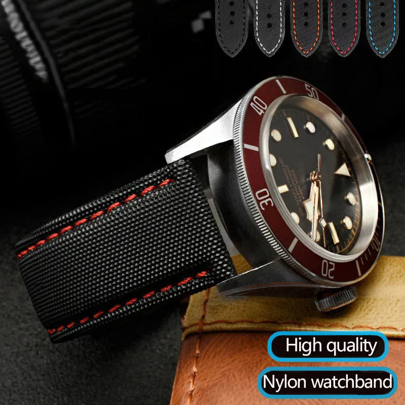 Tiansuo Haixing men's nylon canvas watch band in orange line black with needle buckle, 22mm width
