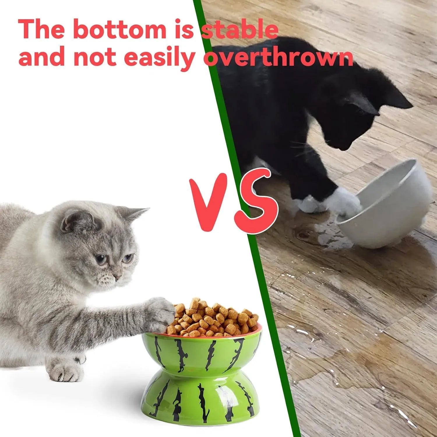 Ceramic elevated cat bowl with tilted orange fruit pattern and non-slip base.