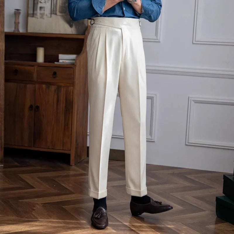 Men's high waist straight leg casual trousers in polyester fabric shown in black colour
