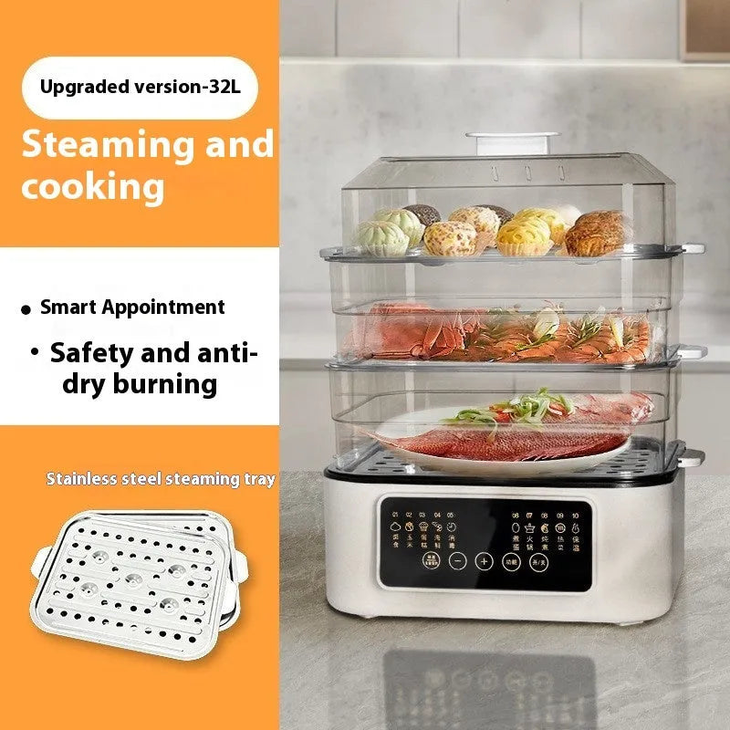 Electric steamer with stainless steel rack and automatic measuring features for household cooking