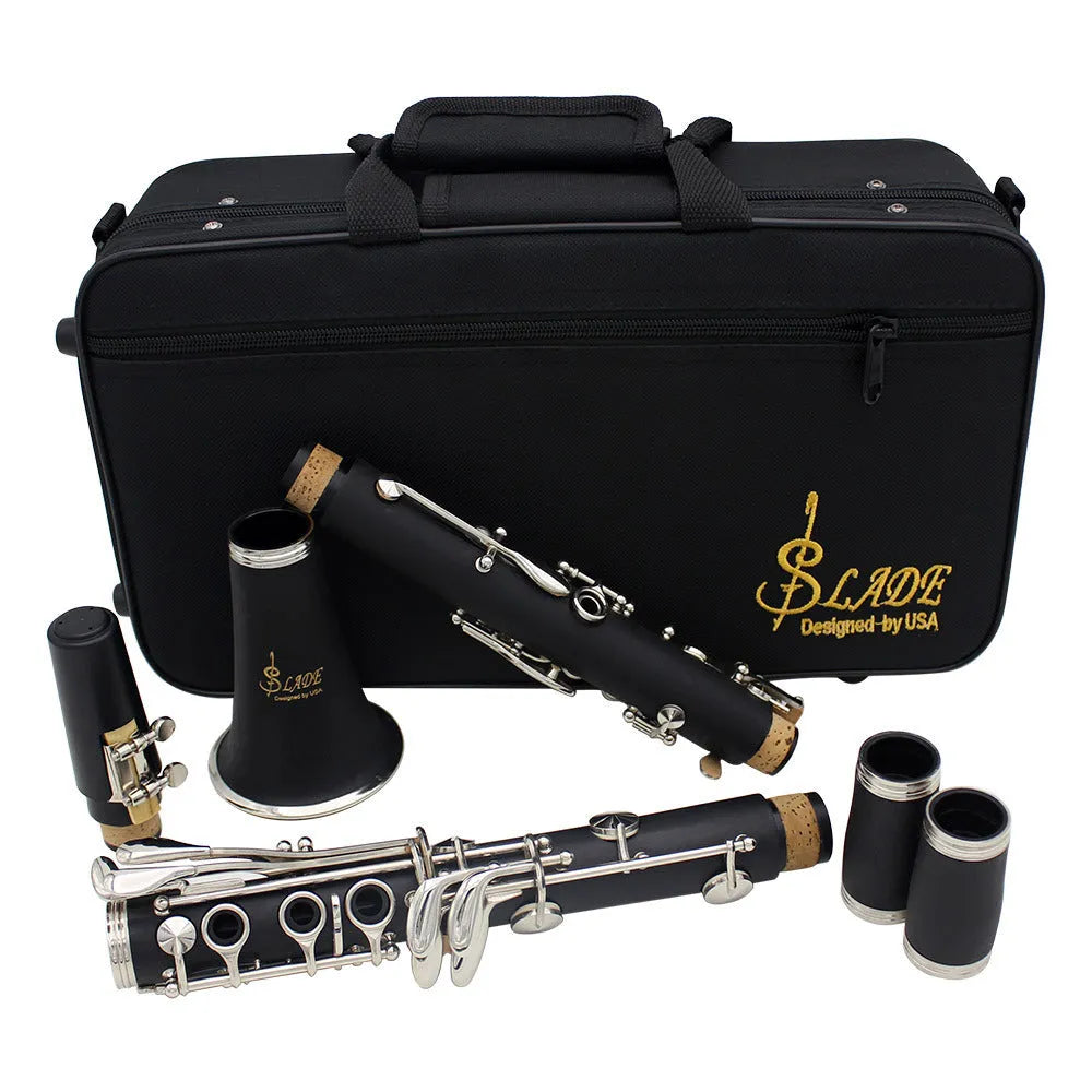 Black Bakelite clarinet with nickel-plated 17-key mechanism and carrying bag
