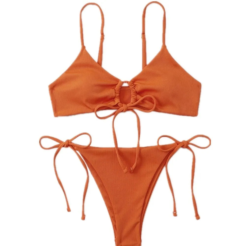 Women's solid colour bikini swimsuit with drawstring waist in army green.