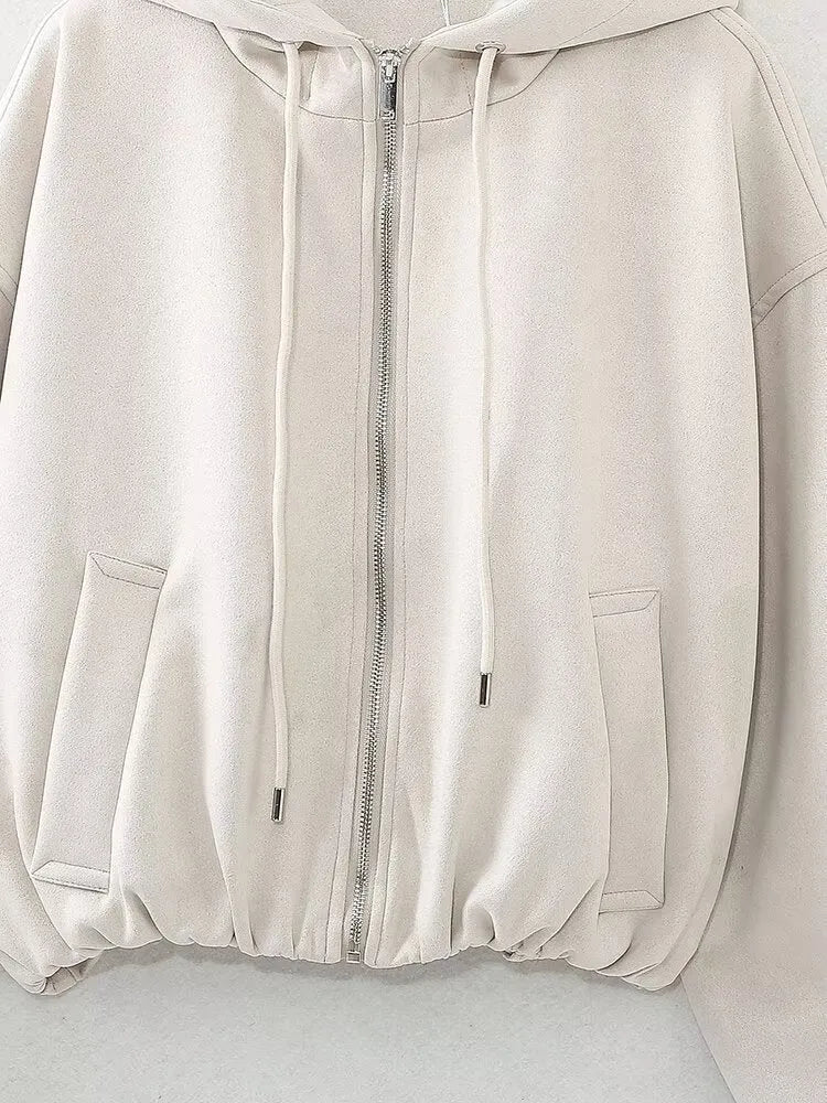 Women's casual suede hooded jacket in black with a zip front closure