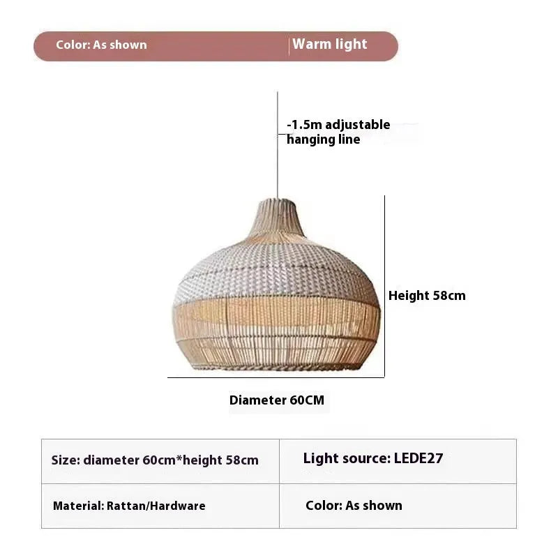 Rattan chandelier with pastoral Southeast Asian style, 60cm diameter, for living room or dining room