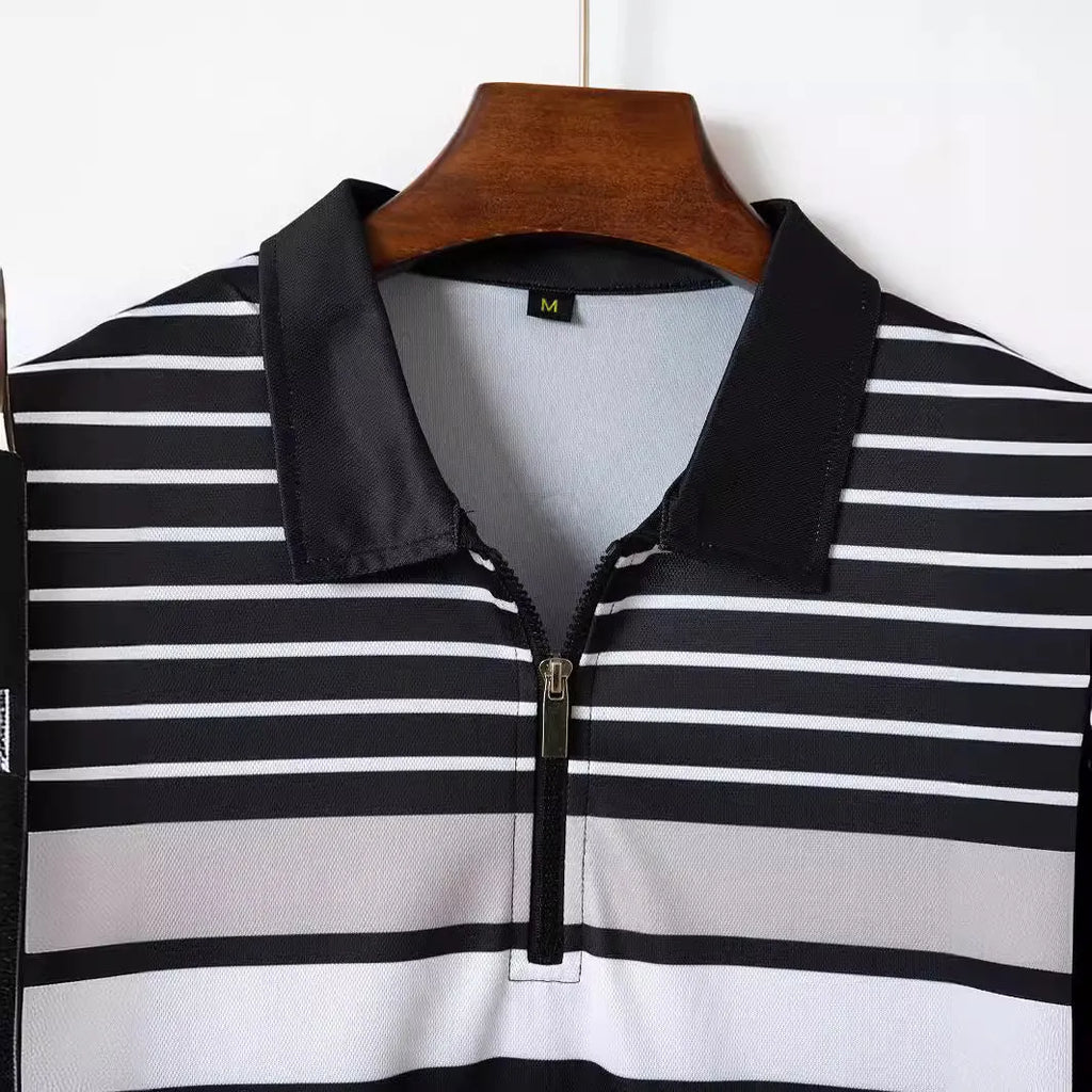 Men's black striped loose fit short sleeve T-shirt made of polyester fibre