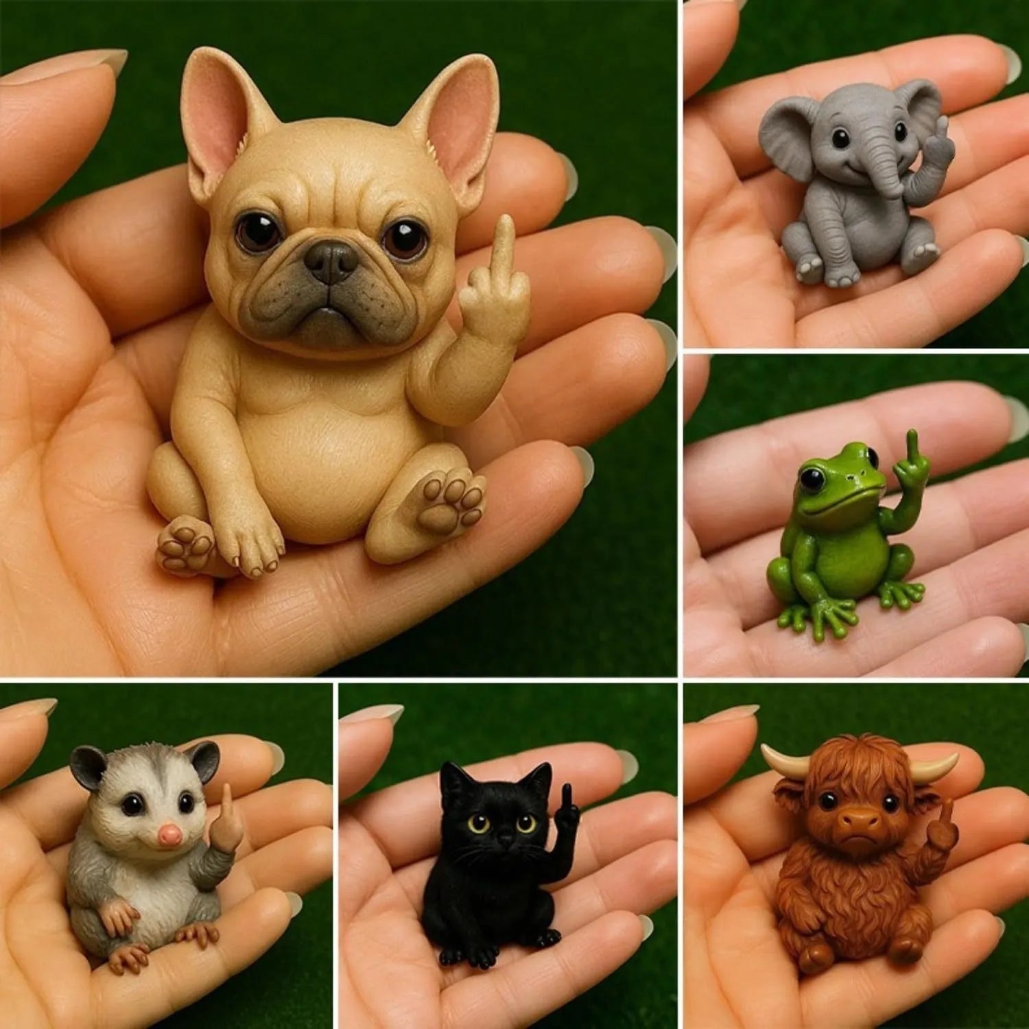 Mini funny animal resin doll with middle finger gesture in cat, dog, elephant styles.
