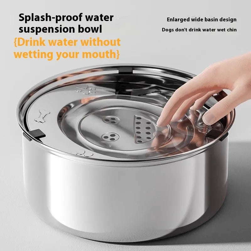 Silver stainless steel pet drinking bowl with wide opening, suitable for dogs and cats, large capacity option
