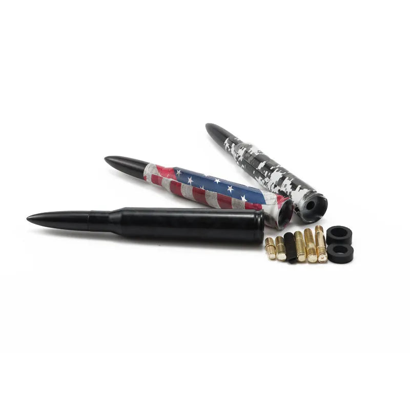 Bullet-style car antenna in camouflage green, black, or American flag design, showing 14cm length.