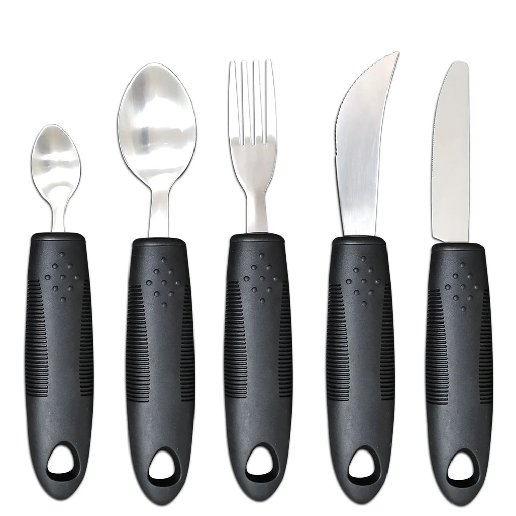 Stainless steel adaptive cutlery set with rubber handles for elderly or disabled users