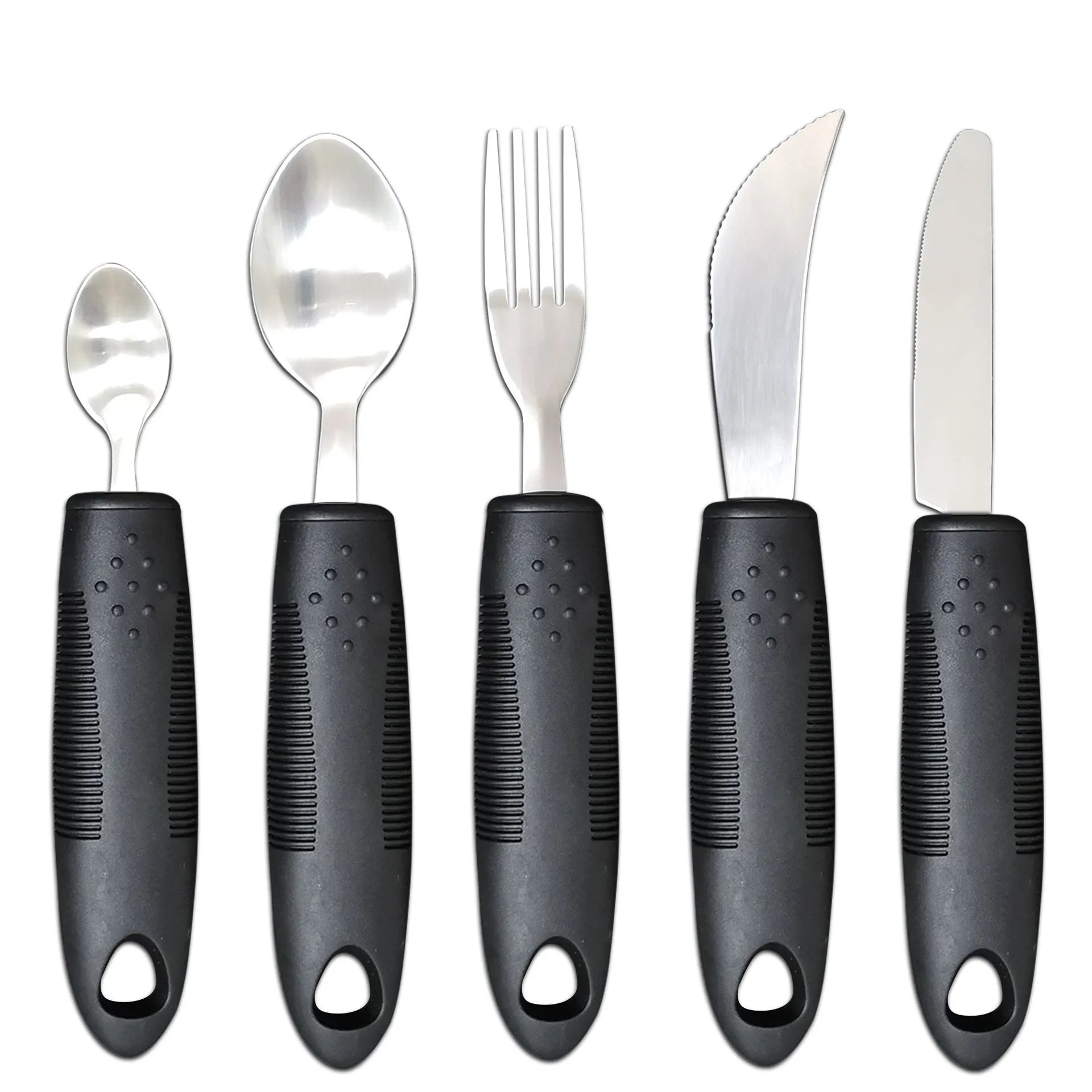 Stainless steel adaptive cutlery set with rubber handles for elderly or disabled users