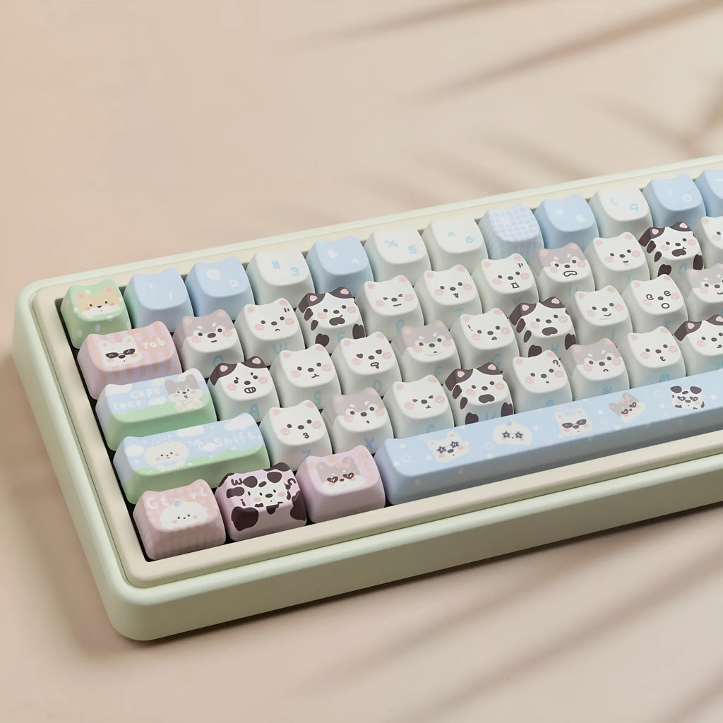 Full set of PBT keycaps for mechanical keyboards with colourful sublimation printed cat and puppy designs