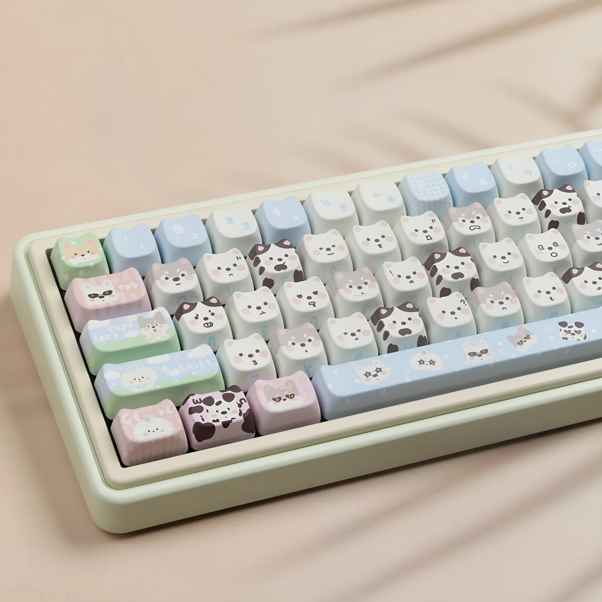 Full set of PBT keycaps for mechanical keyboards with colourful sublimation printed cat and puppy designs