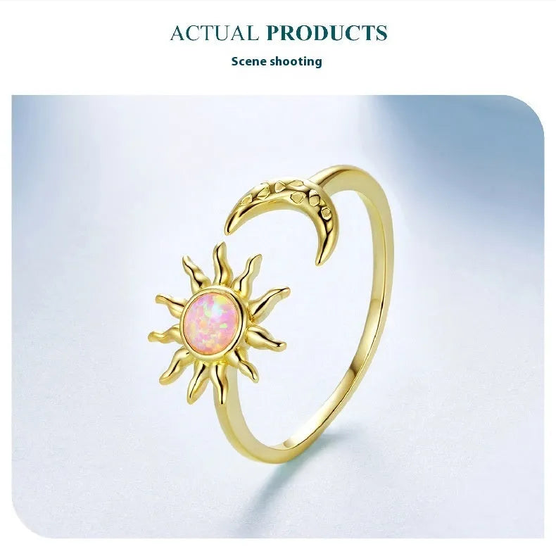 Silver adjustable opening ring for women with Sun Moon electroplated design in BSR686-E colour