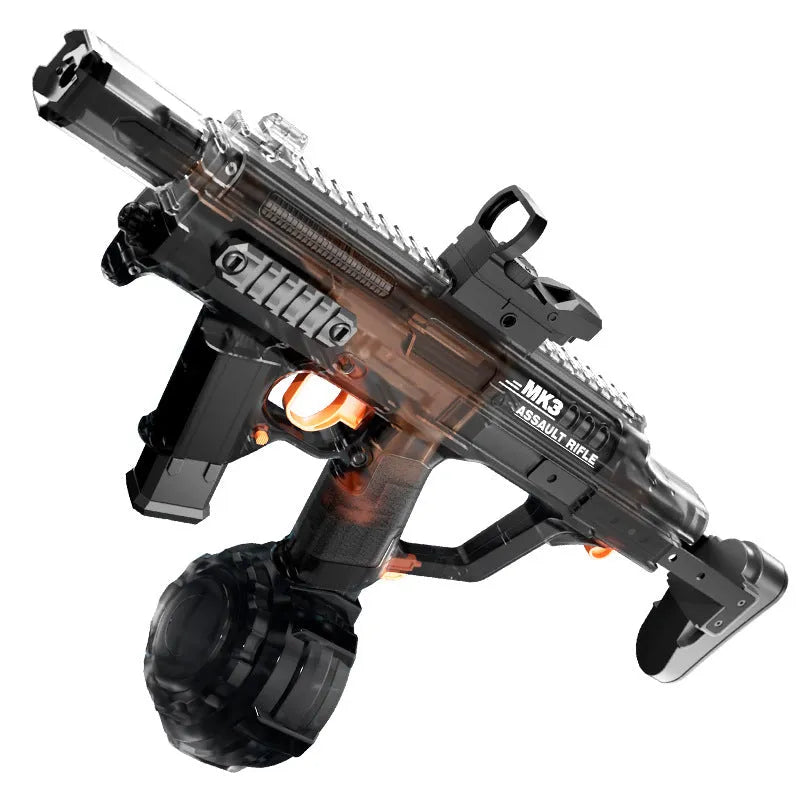 MK3 Fire and Dancing Water Gun toy in transparent black with large ammunition drum and strobe light