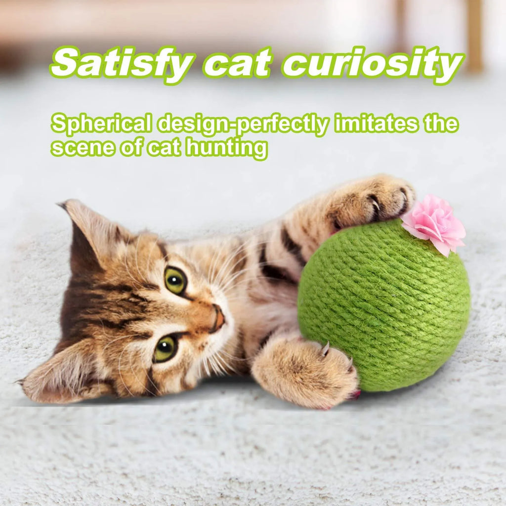 Green cactus-shaped cat scratcher with rolling ball and sisal tree tower for indoor feline play