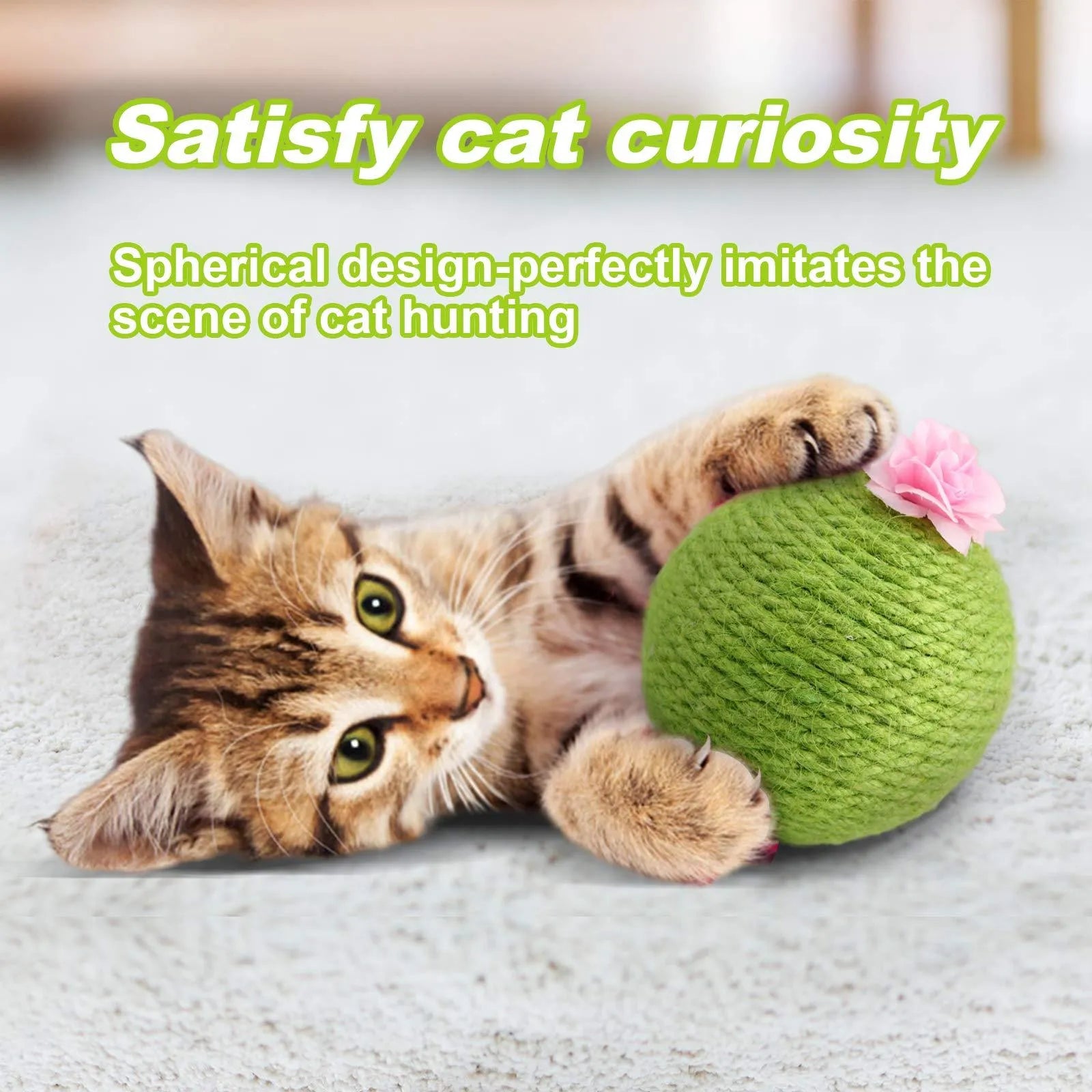 Green cactus-shaped cat scratcher with rolling ball and sisal tree tower for indoor feline play