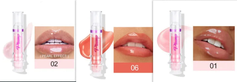 Tube of lip gloss showing shiny finish, available in six different colour shades.