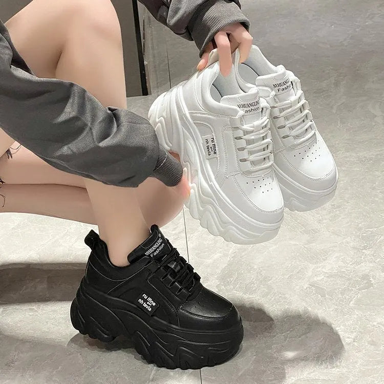 Height increasing insole dad shoes for women, super high heel, mesh upper, black colour, front lace-up