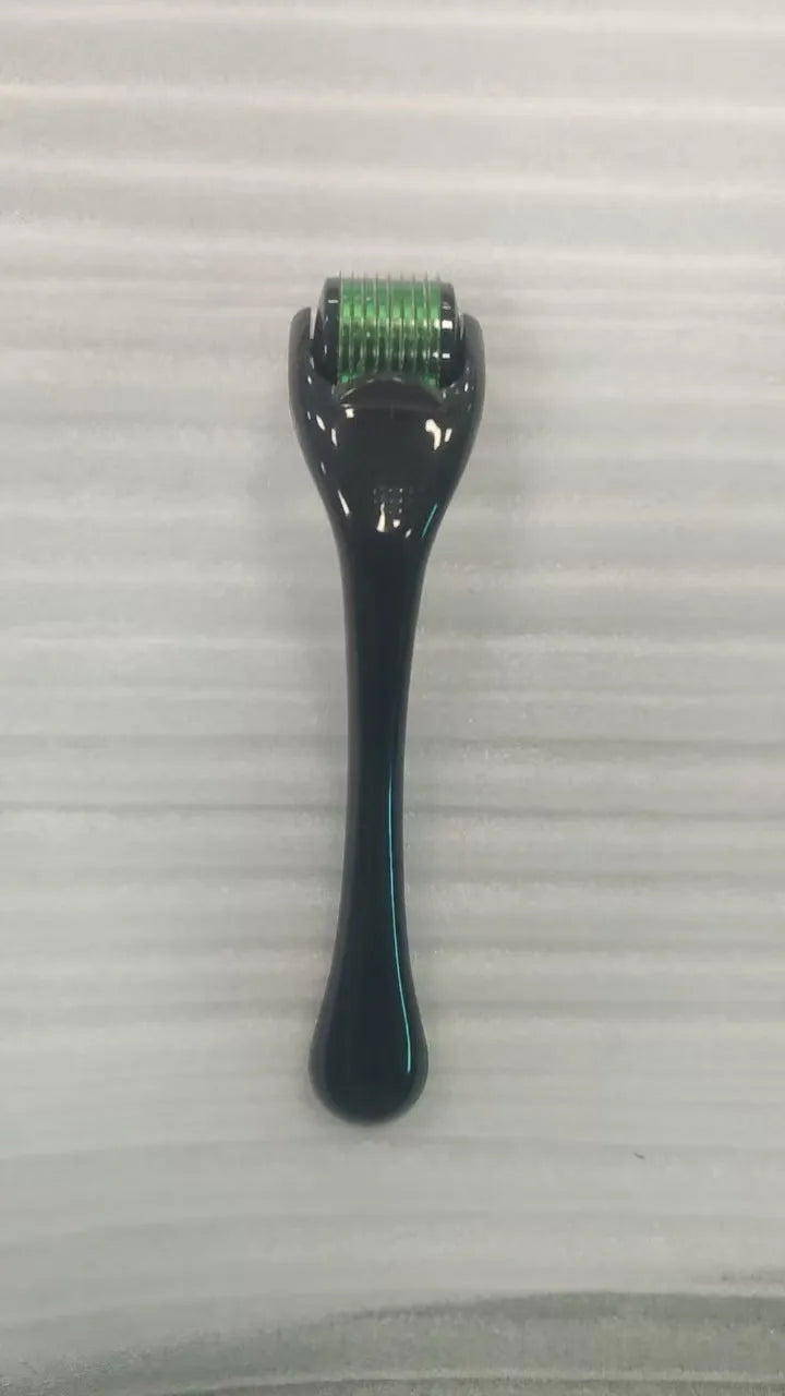 540 micro needle derma roller with black handle and purple wheel, showing adjustable needle sizes.