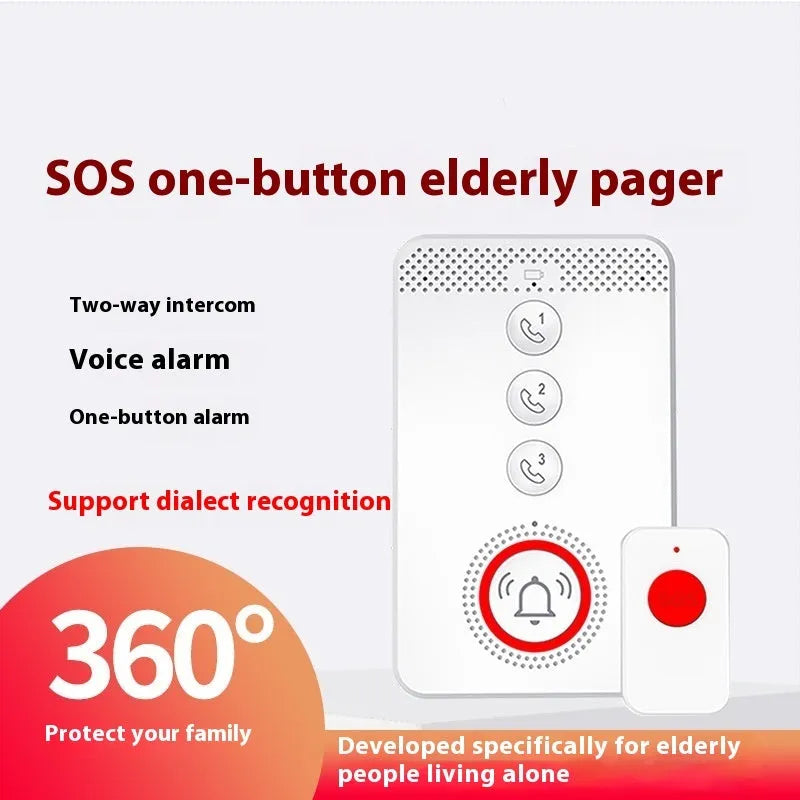 White one-click voice emergency alert device with a main buzzer unit and three portable call buttons.
