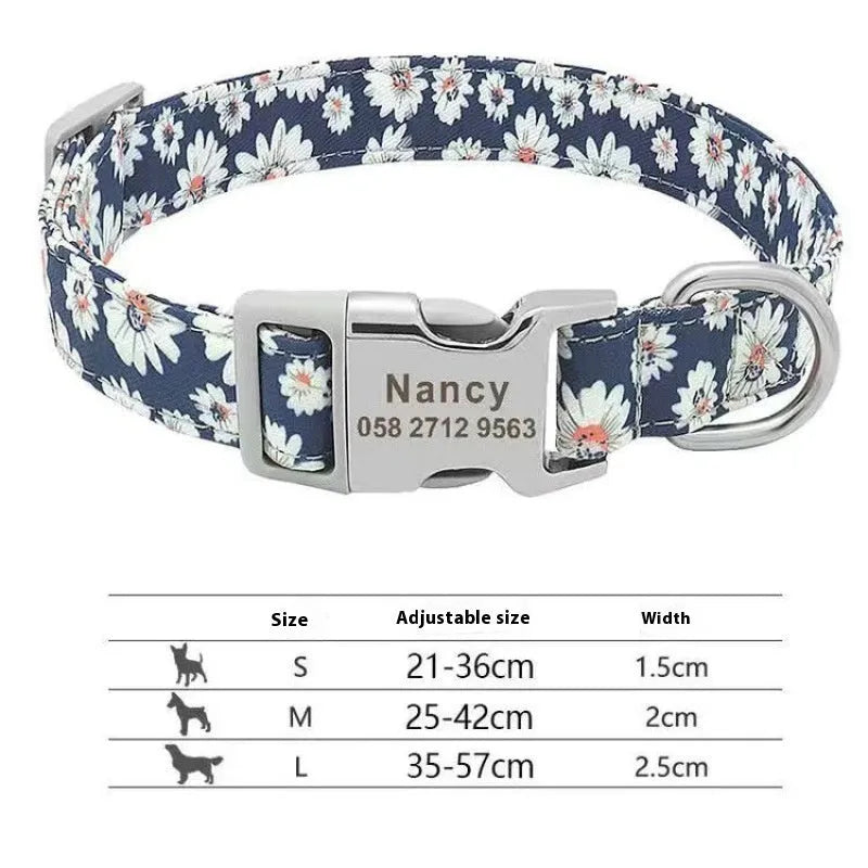 Striped canvas dog collar with semi-metal buckle in bohemian blue colour with adjustable sizing.