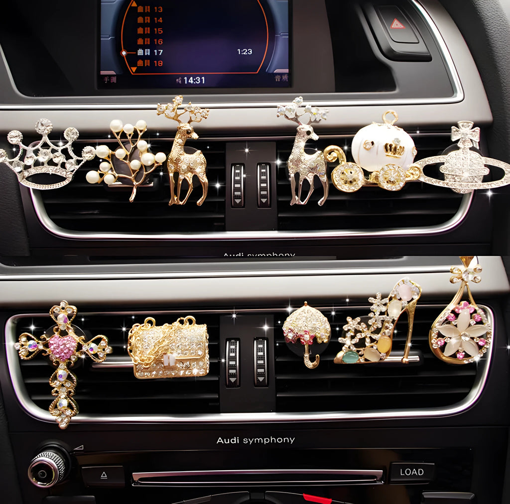 Cartoon alloy car air freshener clip with fruity liquid scent in a choice of twelve decorative styles
