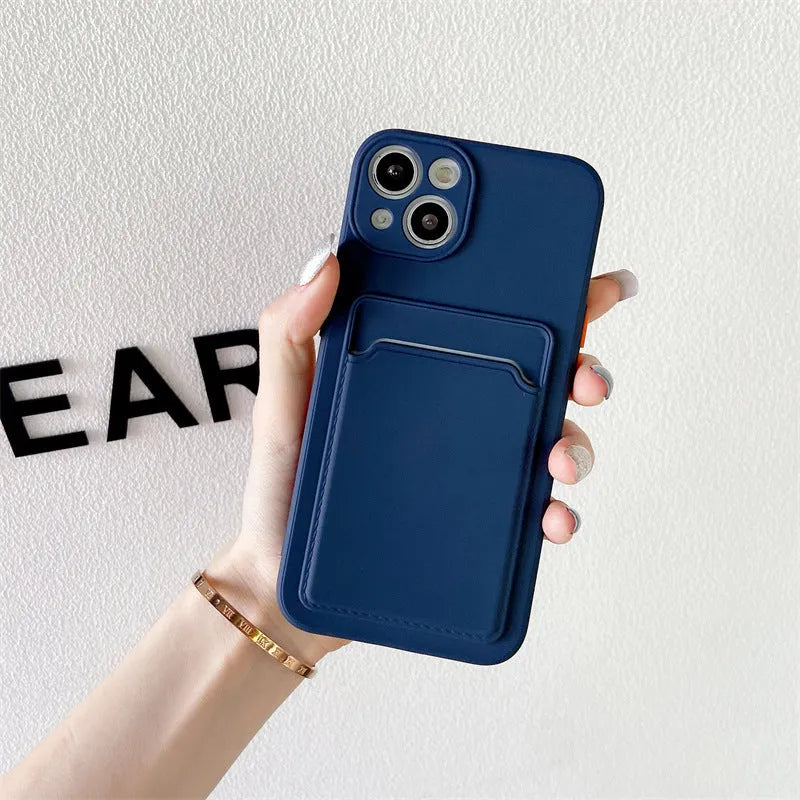 Sky blue silicone iPhone protective case with integrated card slot for multiple iPhone models