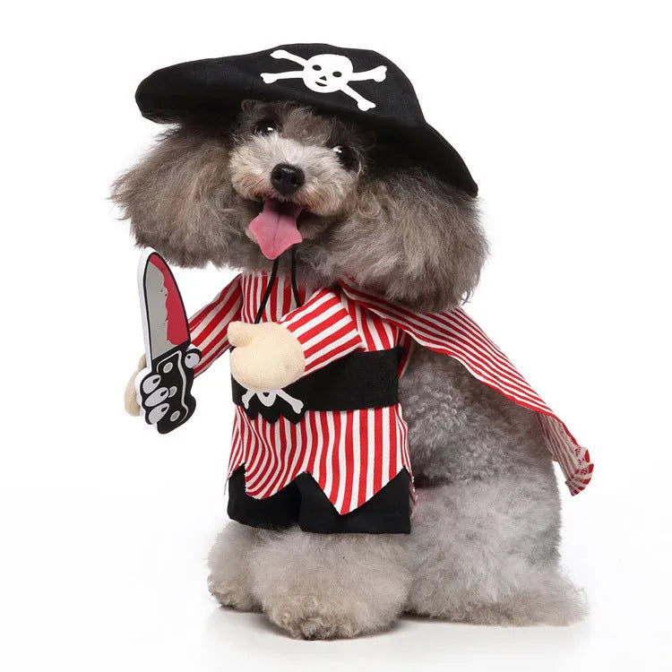 Three-piece dog costume in polyester fabric, standing outfit with hat, clothes and cloak, size S to XL