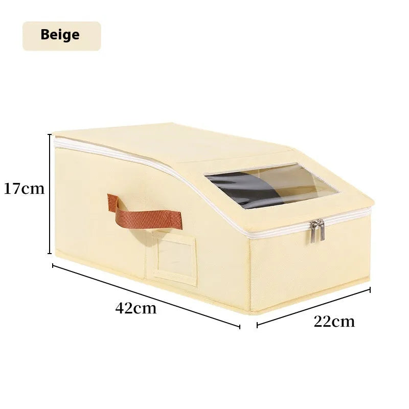 Grey foldable and stackable woven fabric storage box with lid for organisation.