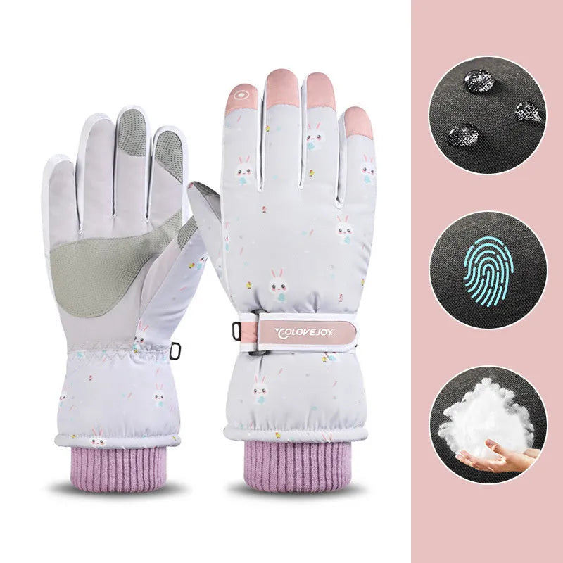 Snowflake cartoon print winter gloves, touchscreen and waterproof, one size, nylon with anti-skid palm