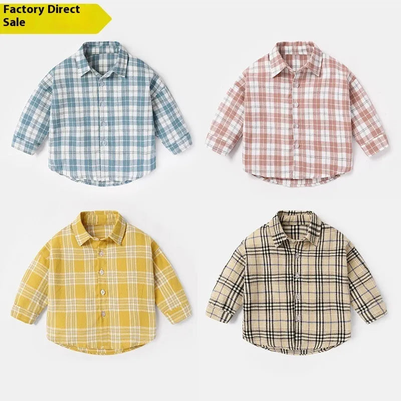 Boys' cotton lattice shirt in khaki, light blue, pink, or yellow with long sleeves for spring and autumn wear