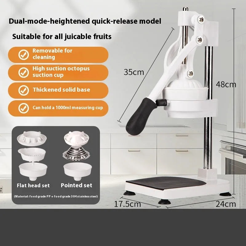 Commercial manual orange juice juicer with stainless steel construction and quick disassembly mechanism