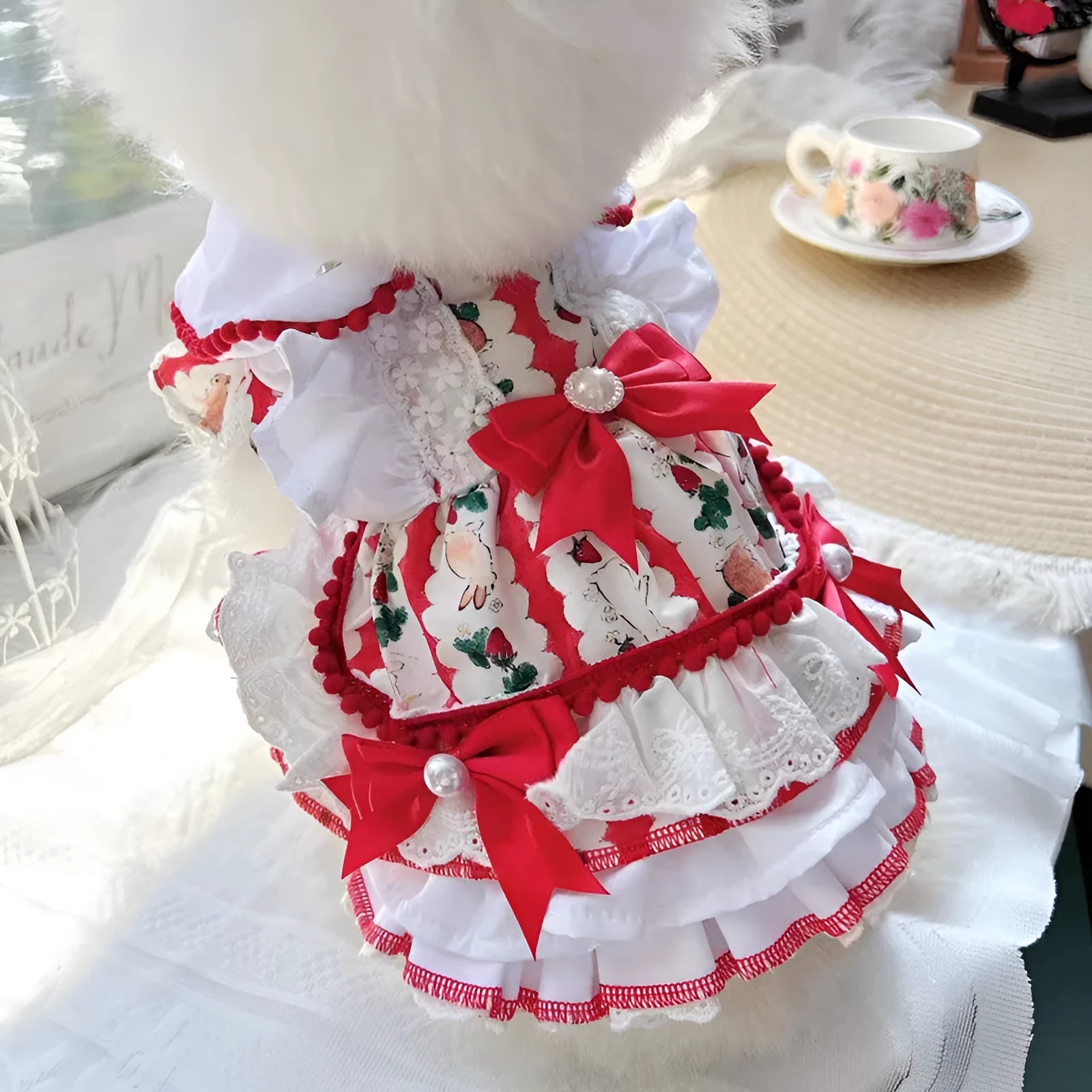 Princess style rabbit skirt dog clothing in polyester fabric showing size options from XS to XL