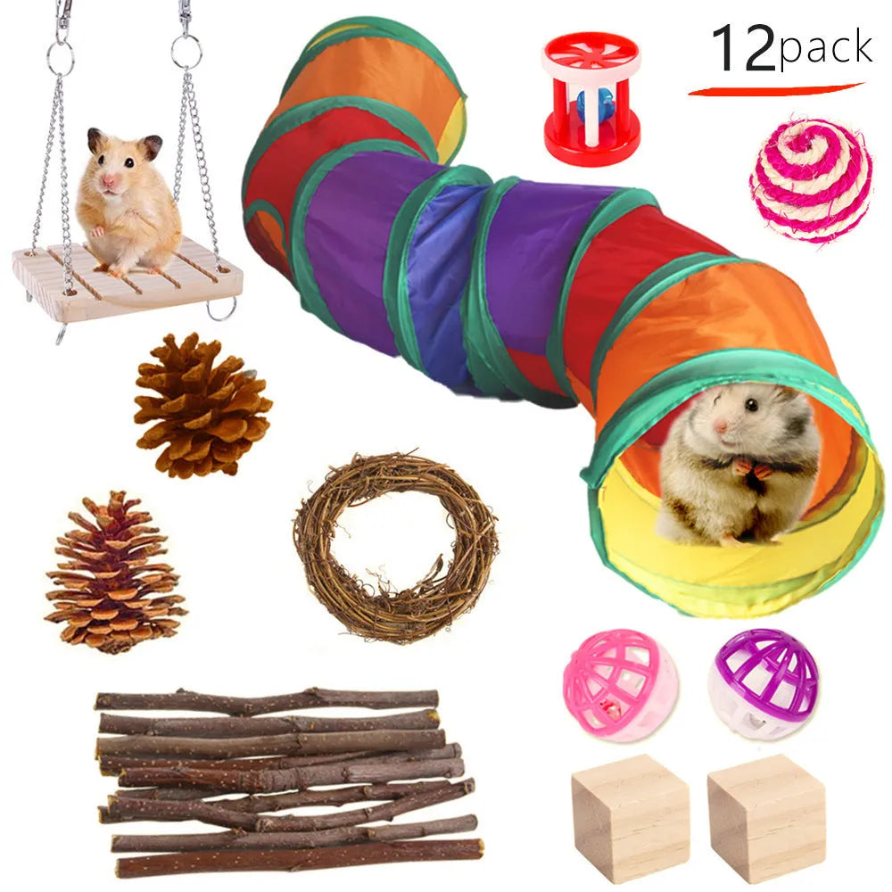 Wooden pet toy set with straw mats and woven balls for rabbits and guinea pigs