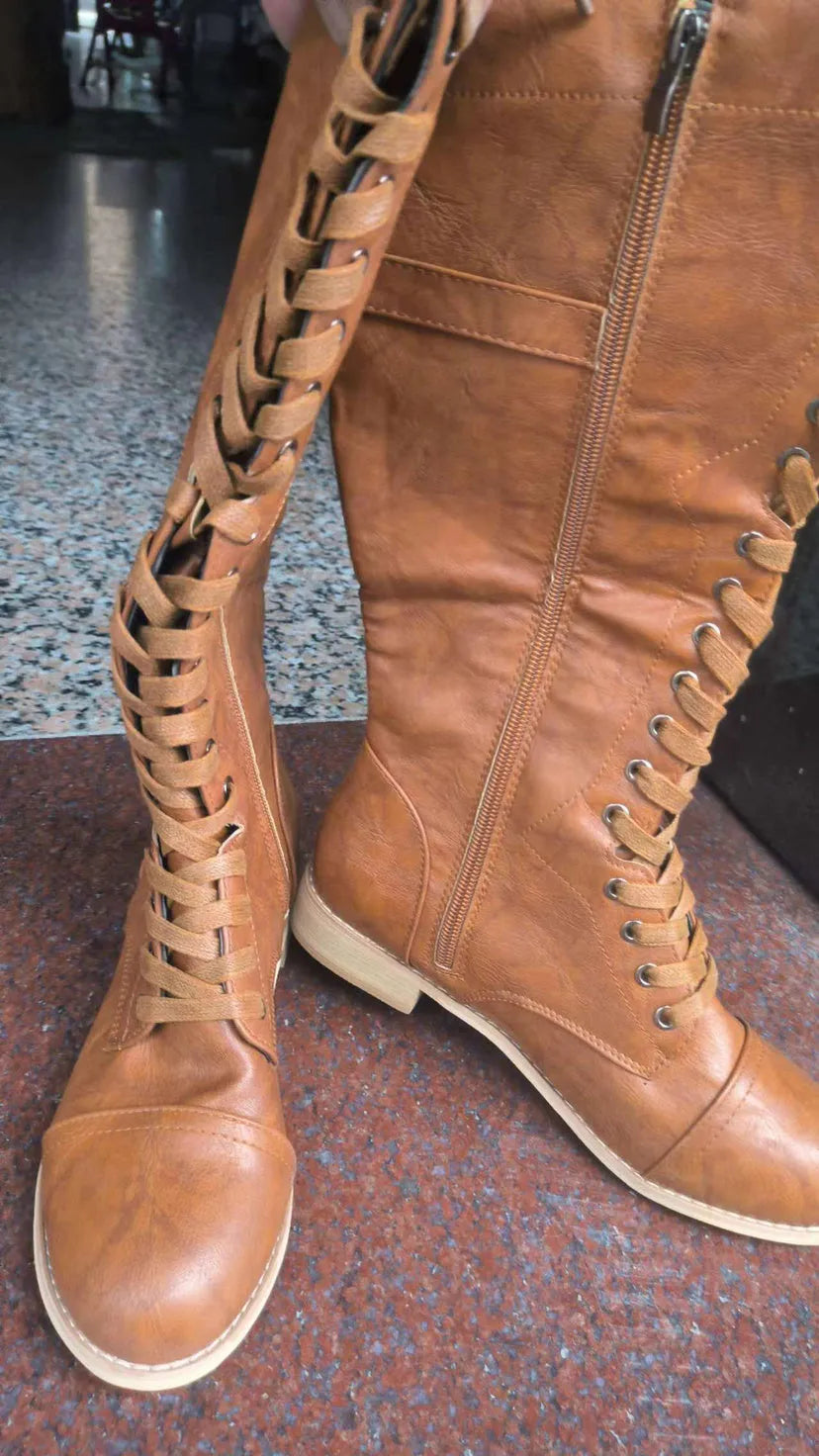 Women's black cross strap knight boots with PU upper material shown from multiple angles