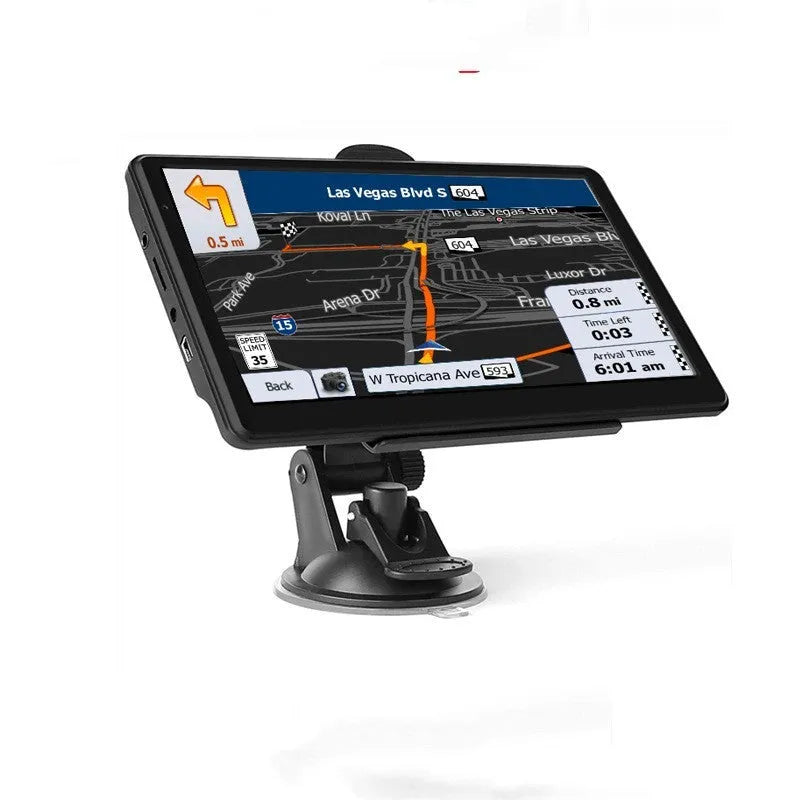 7 inch portable car GPS navigation device with HD touch screen on a windshield bracket.
