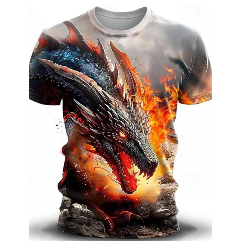 Men's grey T-shirt with a detailed 3D blue wind dragon print on the front.