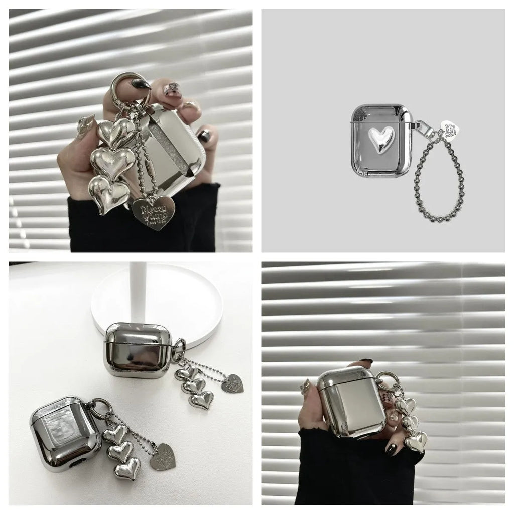 Electroplated solid colour TPU case for AirPods with attached heart pendant and bracelet chain