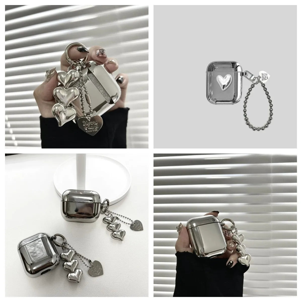 Electroplated solid colour TPU case for AirPods with attached heart pendant and bracelet chain