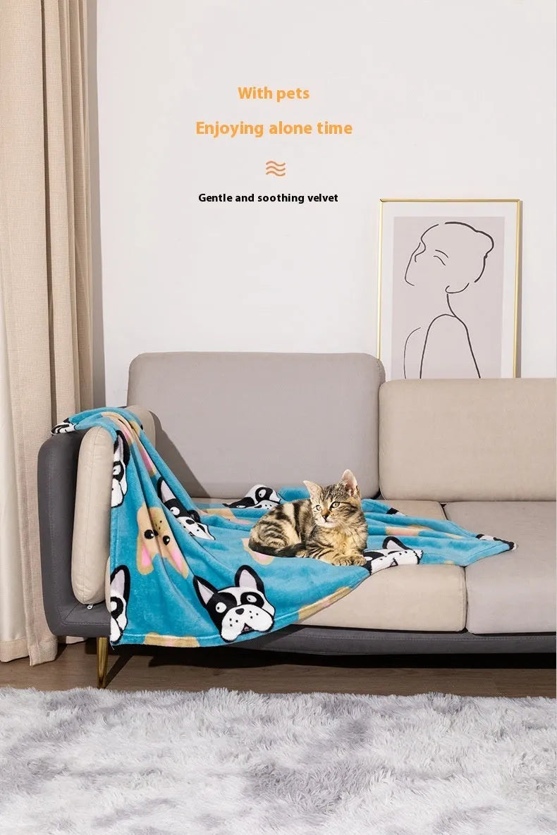 Blue Dog pattern double-sided flannel pet blanket folded to show size and cartoon design.